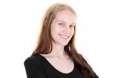 beautiful young happy blonde woman smiling on white background