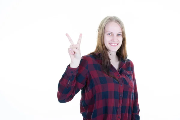 Young Woman Show Hand Two Fingers Positive Peace Gesture Smiling — Stockfoto