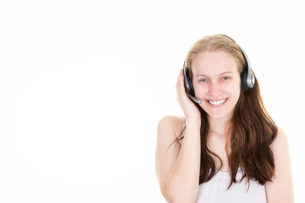 Callcenter Woman Customer Support Phone Operator Headset Aside Copy Space — Stockfoto