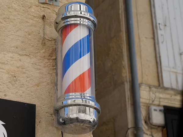 Barber Pole Shop Signboard Cylindrical Sign Vintage Hairdresser Wall White —  Fotos de Stock