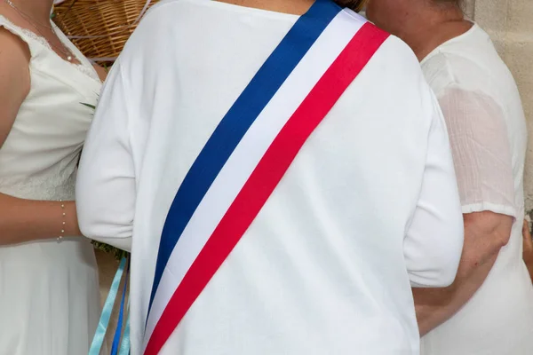 French Town Mayor Woman Tricolor Scarf Official Wedding Celebration — 图库照片