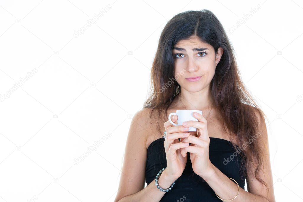 portrait of happy young woman with mug cup of tea coffee hotdrink