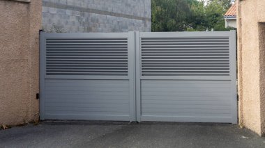 modern high door gray gate high grey aluminum home portal with blades suburb house street