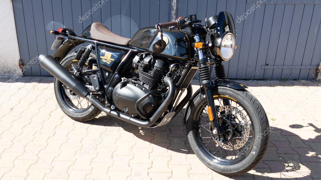 Bordeaux , Aquitaine  France - 06 25 2022 : Royal Enfield GT interceptor 120 th motorcycle limited edition for 120th anniversary fuel tank logo motorbike
