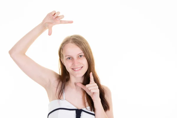 Jovem Bela Mulher Fazendo Quadro Com Mãos Dedo Sorrindo Sobre — Fotografia de Stock