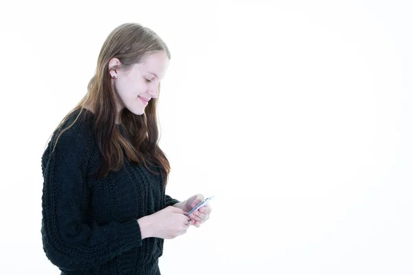 Mobile Apps Concept Smiling Beautiful Woman Using Smartphone Looking Cell — Stock Photo, Image