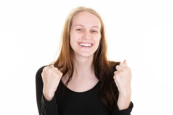 Mujer Sorprendida Emocionado Lindo Ganar Puño Bomba Mirada Como Triunfar —  Fotos de Stock