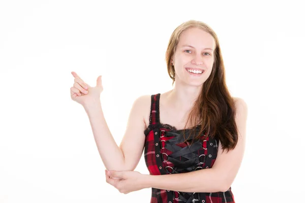 Ung Leende Kvinna Isolerad Vit Bakgrund Pekar Med Pekfingret Bra — Stockfoto