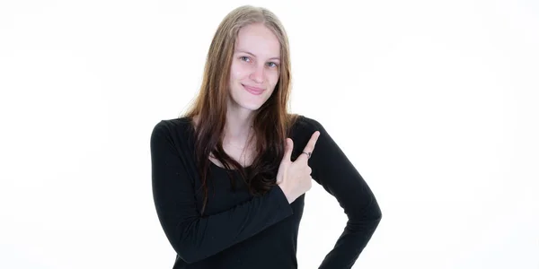 Ung Blond Kvinna Över Isolerad Vit Bakgrund Pekar Finger Hand — Stockfoto