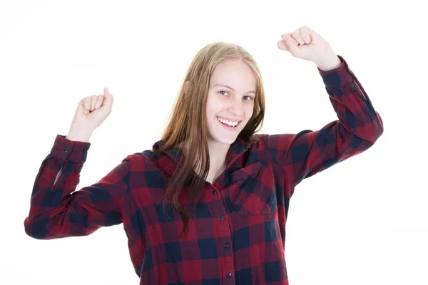 Aangemoedigd Gemotiveerd Leuke Blonde Vrouw Het Verhogen Van Handen Omhoog — Stockfoto