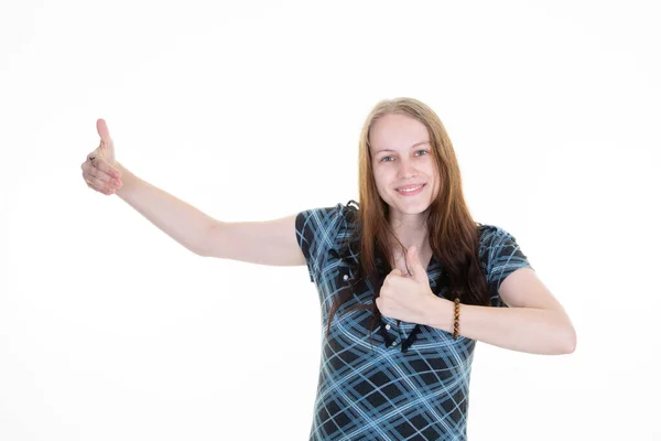 Jonge Vrouw Presenteren Vierkante Hand Blanco Frame Witte Achtergrond Kopiëren — Stockfoto
