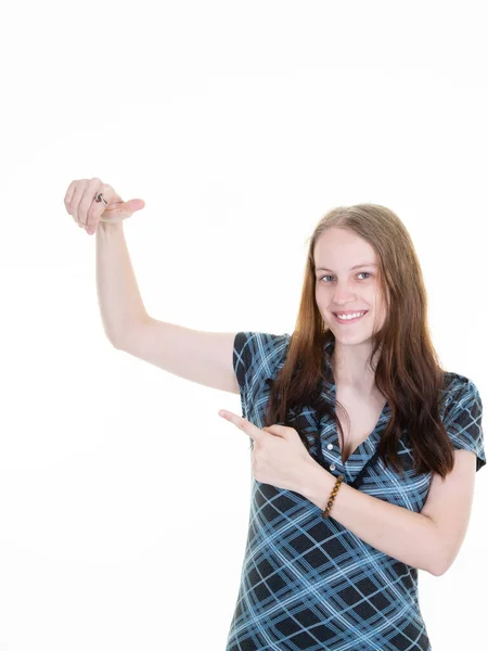 Lächelnde Frau Zeigt Einen Quadratischen Leeren Rahmen Hand Seite Leeren — Stockfoto