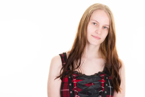 Vacker Ung Kvinna Porträtt Söt Blont Ansikte Vit Bakgrund Kopiera — Stockfoto