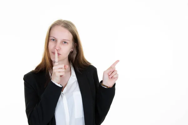 Young Woman Showing Face Shh Silence Grimace Finger Lips Pointing Stock Image