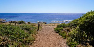 Fransa 'da Vendee Talmont-Saint-Hilaire' deki Ocean Beach Atlantik Sahili 'ne sahil yolu çitleri.