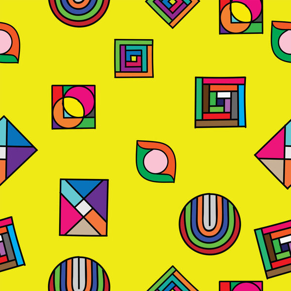 Bright, seamless pattern of geometric, abstract shapes.