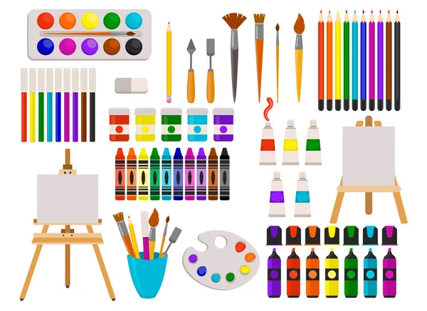 Leuke Set Van Kunstbenodigdheden Platte Stijl Geïsoleerd Aquarelverf Mierenverf Potloden — Stockvector