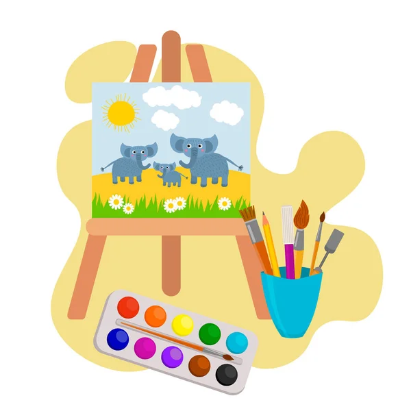 画架上的绘画 一群大象在阳光灿烂的日子吃草 吸取教训 刷子和画架 艺术学院 — 图库矢量图片