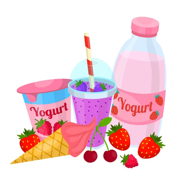 用浆果制作甜乳制品 鸡尾酒和冰淇淋 覆盆子和草莓酸奶 在白色背景下隔离 — 图库矢量图片