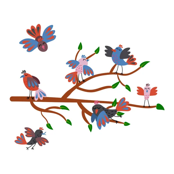 Cute Birds Tree Branch Flying Standing Tree Spring Birds — Stock Vector