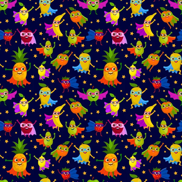 Cute Superheroes Fruits Seamless Pattern Superpower Vitamin Food Flat Style — Stock Vector