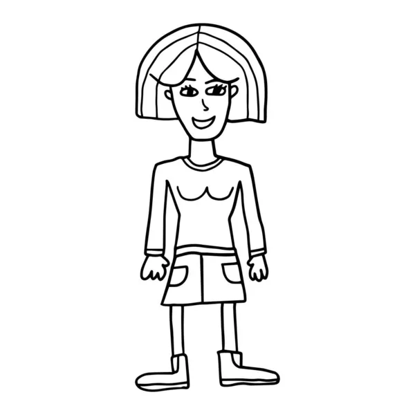 Cute Cartoon Hand Drawn Doodle Woman Standing — Stock Vector