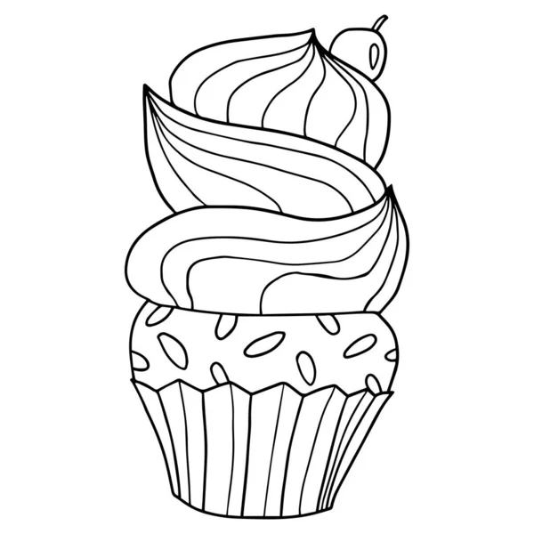 Cupcake Gribouiller Dessiné Main Avec Crème Fouettée Des Cerises — Image vectorielle