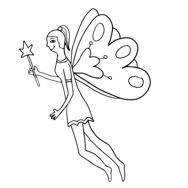 Joyeux Fantasme Gribouille Fée Volant Avec Baguette Magique — Image vectorielle