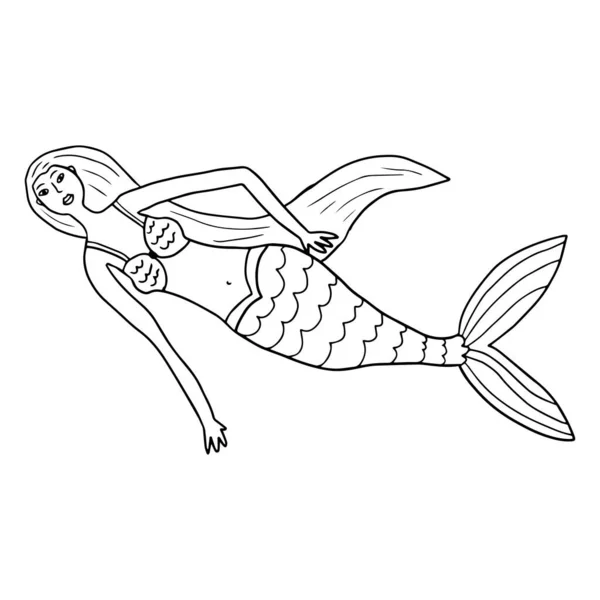 Cute Doodle Pretty Mermaid Swimming Isolated White Background Underwater Creature — Stock vektor