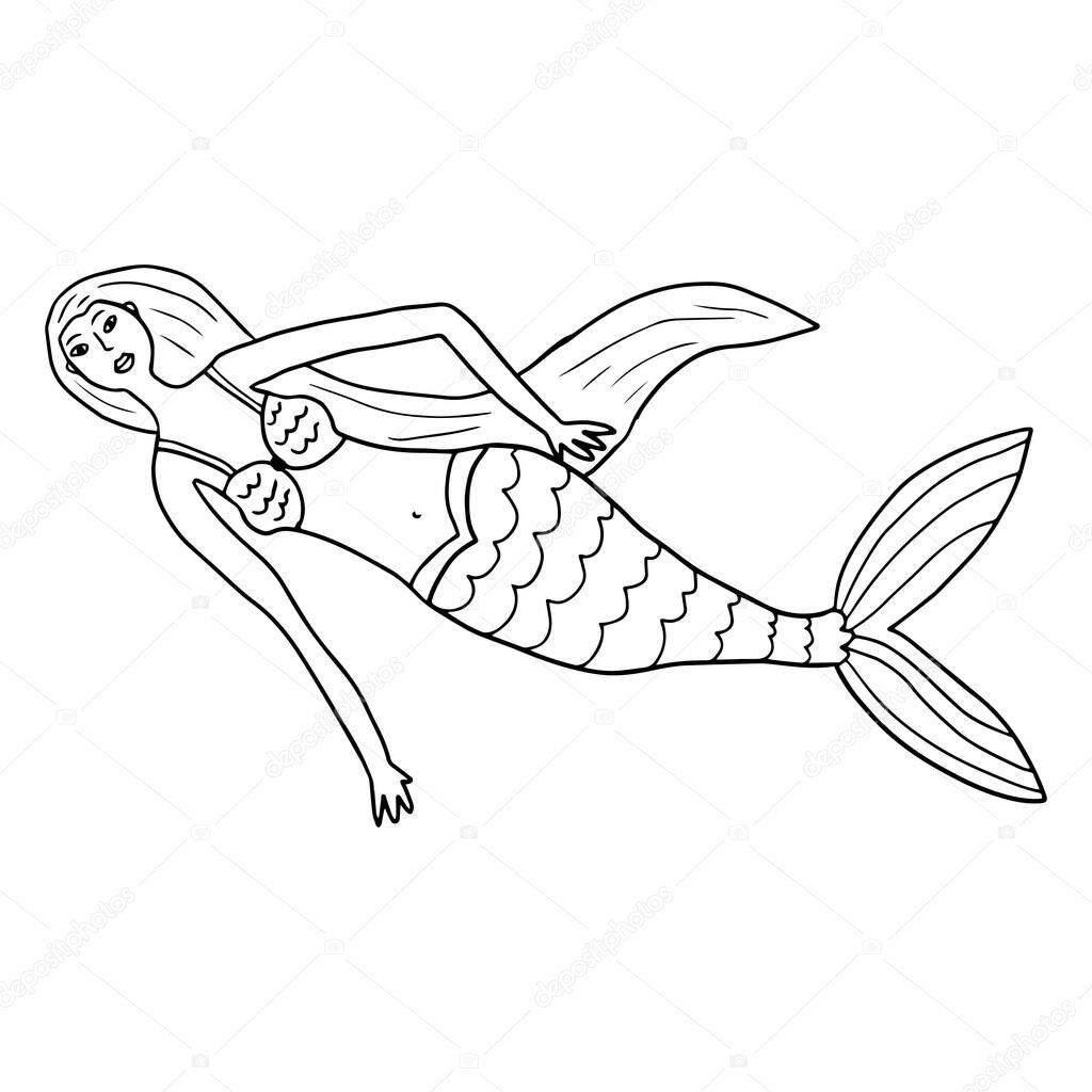 Cute doodle pretty mermaid swimming isolated on white background. Underwater creature. 