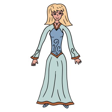 Beyaz arka planda izole edilmiş tarihi elbiseli mutlu genç bayan. Hippi ya da boho tarzı elbise. 