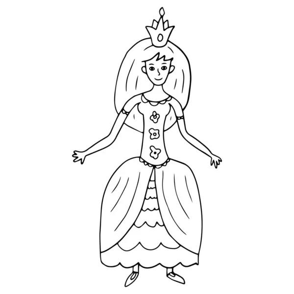 Doodle Princesa Hada Feliz Aislado Sobre Fondo Blanco Hermoso Vestido — Vector de stock