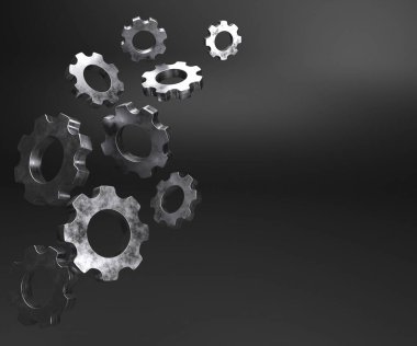 Gri arkaplanda küçük metal dişliler, kopyalamak için boşluk, 3D illüstrasyon.