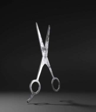 Gri arkaplanda metal makas, 3 boyutlu illüstrasyon.