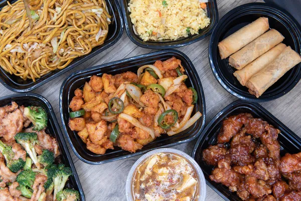 Overhead View Chinese Food Feast Bordet Buffé Stil Med Kryddad — Stockfoto