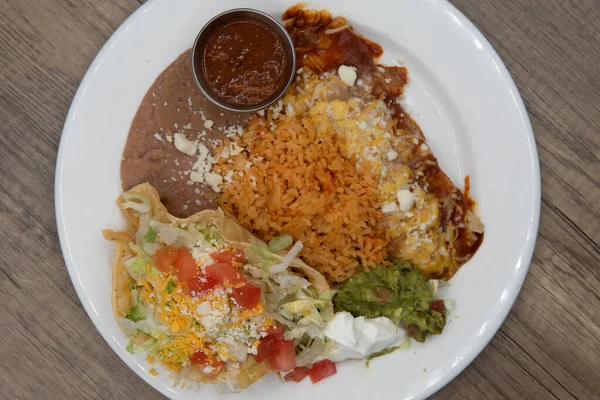 Overhead View Tradional Mexican Meal Loaded Taco Refried Beans Rice — Stockfoto