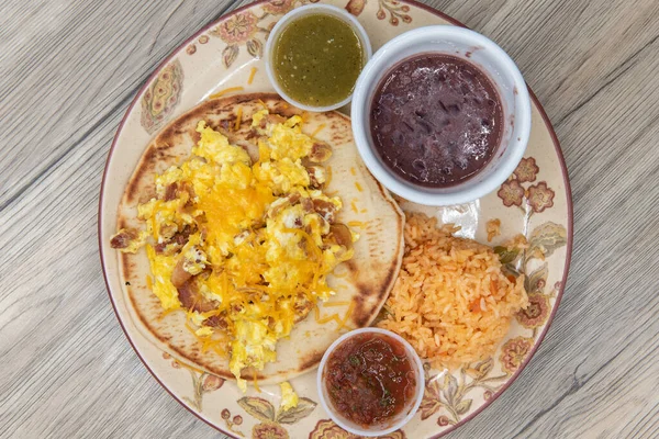 Overhead View Thick Homemade Tortilla Holds Breakfast Taco Covered Melted — Stockfoto