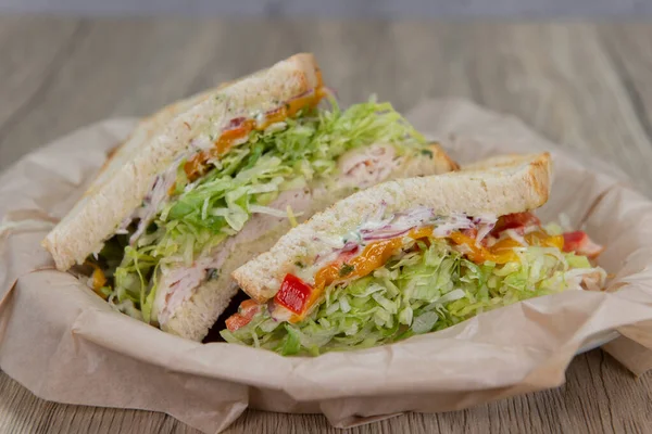 Grilled Roasted Turkey Sandwich Meat Provolone Cheese Mayo Sour Dough — Photo
