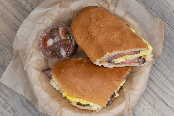 Overhead View Breakfast Steak Scrambled Eggs Sandwich Loaded Protein Wrapped — Φωτογραφία Αρχείου