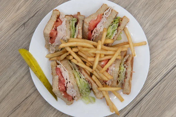 Overhead View Loaded Turkey Club Sandwich Cut Wedges Covered French — Stockfoto