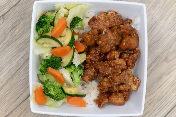 Overhead View Tempting Chinese Cuisine Meal Consisting Orange Chicken Rice — 图库照片