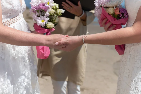 Brides Holding Hands While Expressing Love Each Other Officiant Wedding — Foto de Stock