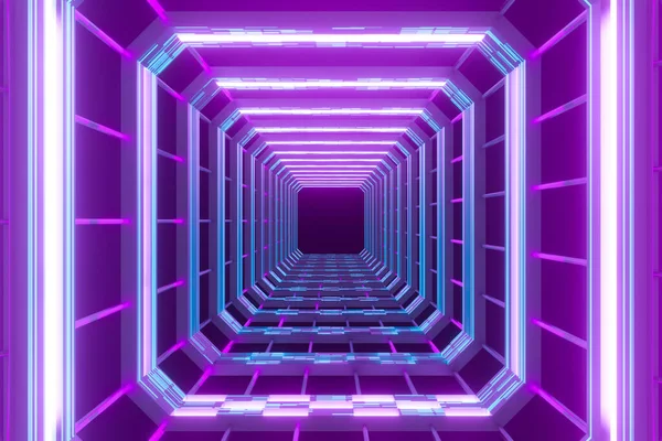 80S Tecnologia Abstrata Retro Azul Luz Túnel Fundo Roxo Corridor — Fotografia de Stock