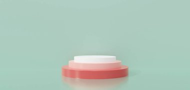 Boş sahnenin 3D içerisi, afiş satışı, ürün modellemesi. Beyaz podyum, pembe pastel arka plan üzerinde geometrik şekilli soyut sahne. Yaratıcı fikirler minimalizm tasarımı.