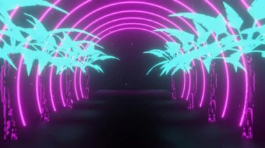 3D animasyon. 80 'lerin modası 80' lerin modası. Hindistan cevizi ağacıyla neon ışık galaksisinin 4k videosu. Retro dalga dikişsiz döngü arka plan soyut hareket animasyon şekilleri çizgileri. Gelecekçi siber punk şehri.