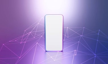 Blok zincir ağı ve Metaverse sanal dünyasının 3 boyutlu görüntülenmesi. Dijital Sanal Sanal Sanal Sanal Sanal İş Cep Telefonu Soyut pembe arka plan üzerinde izole veya akıllı telefon ekranı.