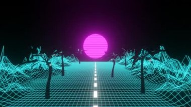 3D animasyon. 80 'lerin modası 80' lerin modası. Hindistan cevizi ağacıyla neon ışık galaksisinin 4k videosu. Retro dalga dikişsiz döngü arka plan soyut hareket animasyon şekilleri çizgileri. Gelecekçi siber punk şehri