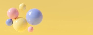Kabarcık partili üç boyutlu sarı arkaplan soyut dokusu. Sergi ürünü, arkaplan, web sitesindeki afiş için gerçekçi 3D görüntüleme. Pastel renkte parlak toplardan oluşan en az model..