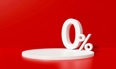 0% 3d görüntüleme. Yüzde sıfır işaret simgesi. Kırmızı arka plandaki boş beyaz sahne kürsüsü. Komisyon para finans kavramı.