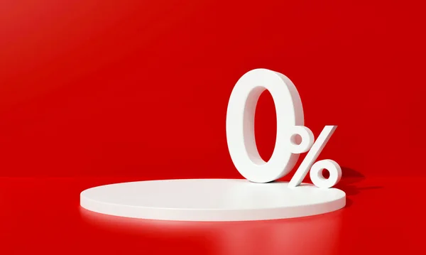0% 3d görüntüleme. Yüzde sıfır işaret simgesi. Kırmızı arka plandaki boş beyaz sahne kürsüsü. Komisyon para finans kavramı.